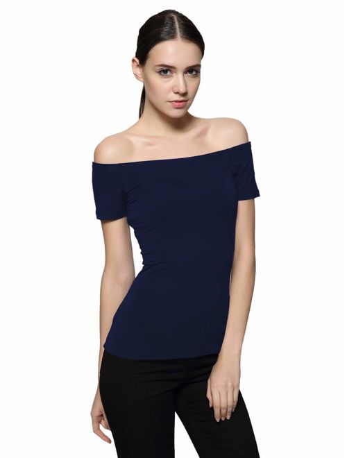 Maggie Tang Short Sleeve Trendy Fitted Off Shoulder Modal Blouse Top T-Shirt