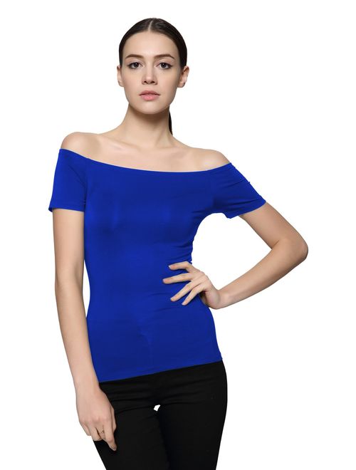 Maggie Tang Short Sleeve Trendy Fitted Off Shoulder Modal Blouse Top T-Shirt