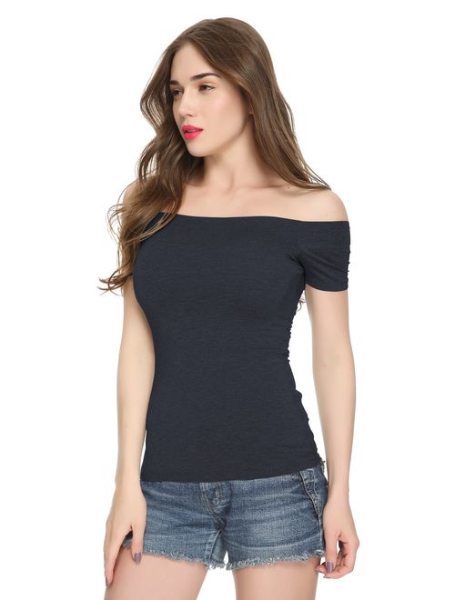 Maggie Tang Short Sleeve Trendy Fitted Off Shoulder Modal Blouse Top T-Shirt