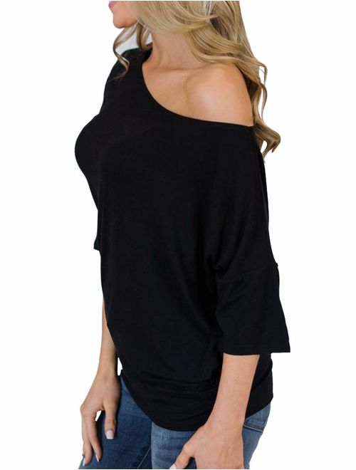 Hilltichu Women's Off Shoulder Tunic Tops Half Sleeve Blouse Casual Summer T-Shirt