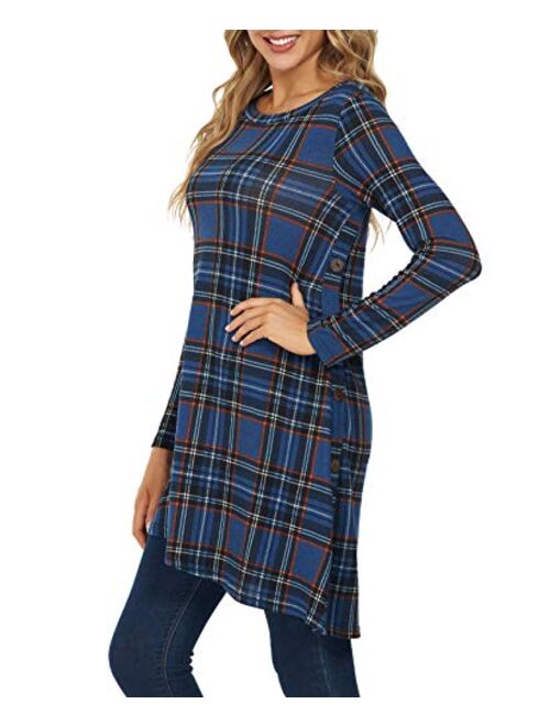 KORSIS Women's Long Sleeve Round Neck Button Side T Shirts Tunic Dress