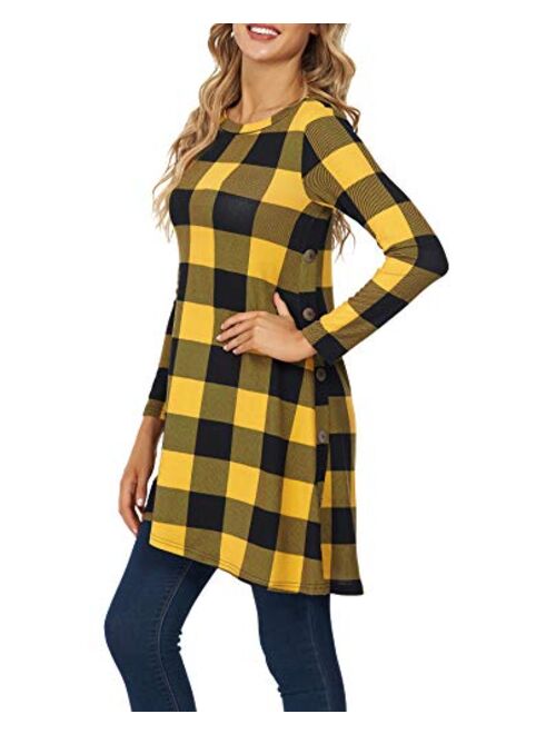 KORSIS Women's Long Sleeve Round Neck Button Side T Shirts Tunic Dress