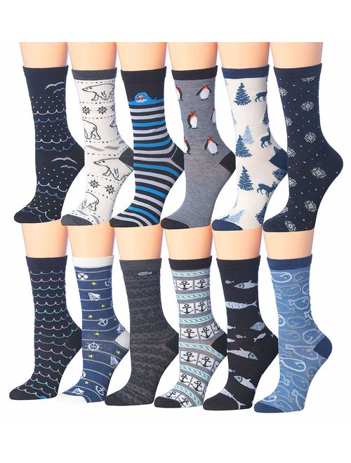 Tipi Toe Women's 12 Pairs Colorful Patterned Crew Socks