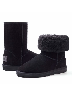 ZGR Women's Classics Winter Snow Boots Cow Suede Leather Mid-Calf Fur Lined Warm Shoes Outdoor Ankle Booties