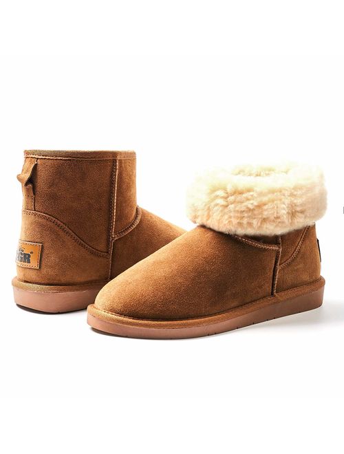 ZGR Women's Classics Winter Snow Boots Cow Suede Leather Mid-Calf Fur Lined Warm Shoes Outdoor Ankle Booties