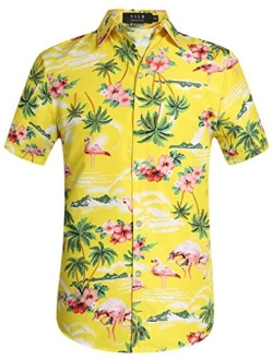 SSLR Men's Flamingos Casual Short Sleeve Aloha Hawaiian Shirt