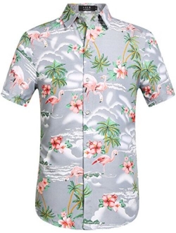 SSLR Men's Flamingos Casual Short Sleeve Aloha Hawaiian Shirt