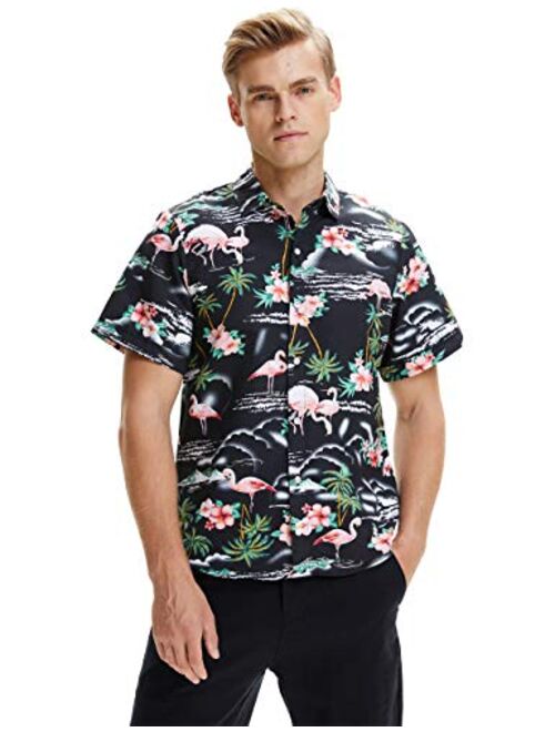 SSLR Men's Flamingos Casual Short Sleeve Aloha Hawaiian Shirt