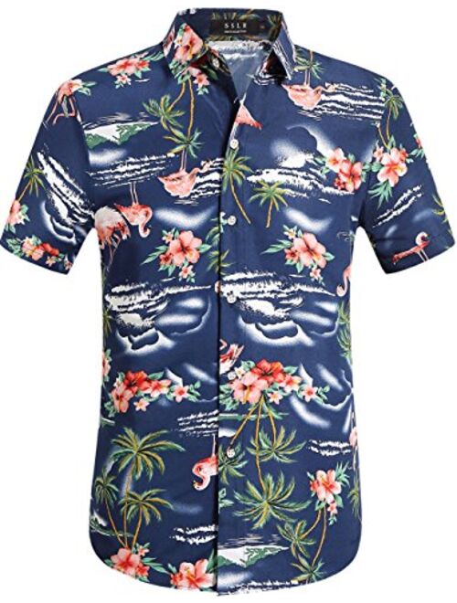 SSLR Men's Flamingos Casual Short Sleeve Aloha Hawaiian Shirt