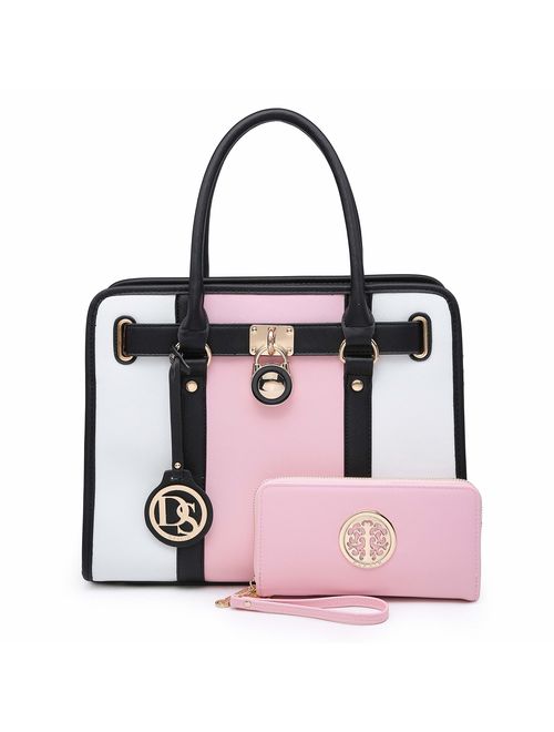 Women Handbags Purses Two Tone Satchel Bags Top Handle Shoulder Bags Work Tote with Matching Wallet