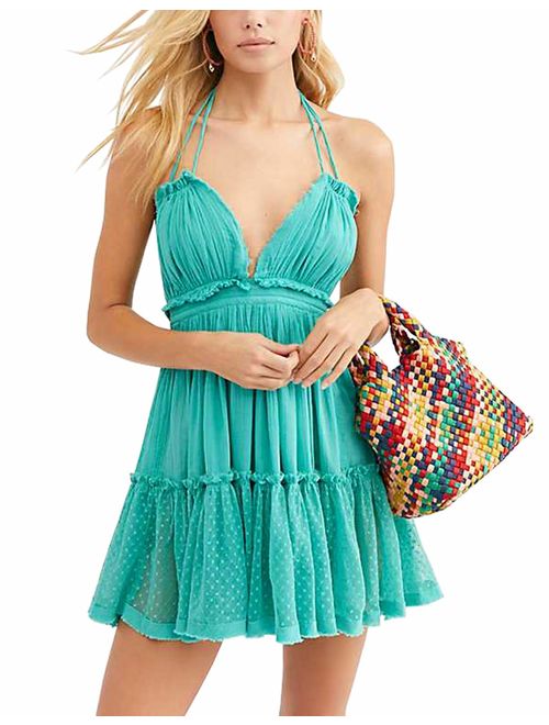 R.Vivimos Womens Summer Halter Deep V Neck Sexy Patchwork Mini Short Dresses