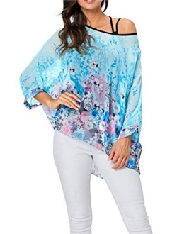 iNewbetter Womens Floral Batwing Sleeve Chiffon Beach Loose Blouse Tunic Tops