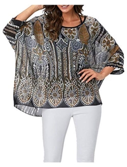 iNewbetter Womens Floral Batwing Sleeve Chiffon Beach Loose Blouse Tunic Tops