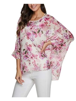 iNewbetter Womens Floral Batwing Sleeve Chiffon Beach Loose Blouse Tunic Tops