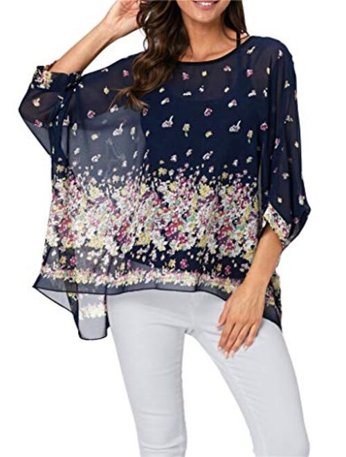 iNewbetter Womens Floral Batwing Sleeve Chiffon Beach Loose Blouse Tunic Tops