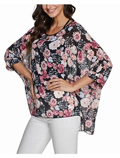 iNewbetter Womens Floral Batwing Sleeve Chiffon Beach Loose Blouse Tunic Tops