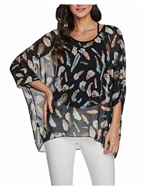 iNewbetter Womens Floral Batwing Sleeve Chiffon Beach Loose Blouse Tunic Tops