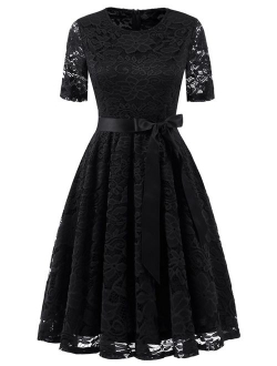 DRESSTELLS Short Scoop Bridesmaid Floral Lace Dress Cocktail Formal Swing Dress