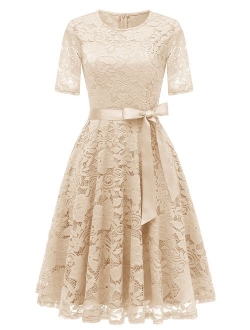 DRESSTELLS Short Scoop Bridesmaid Floral Lace Dress Cocktail Formal Swing Dress