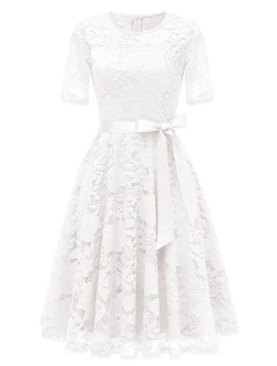 DRESSTELLS Short Scoop Bridesmaid Floral Lace Dress Cocktail Formal Swing Dress