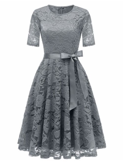 DRESSTELLS Short Scoop Bridesmaid Floral Lace Dress Cocktail Formal Swing Dress