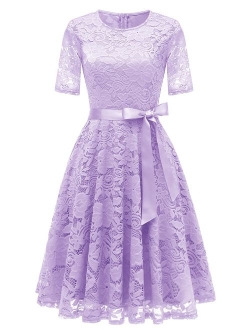 DRESSTELLS Short Scoop Bridesmaid Floral Lace Dress Cocktail Formal Swing Dress