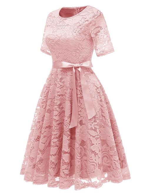 DRESSTELLS Short Scoop Bridesmaid Floral Lace Dress Cocktail Formal Swing Dress