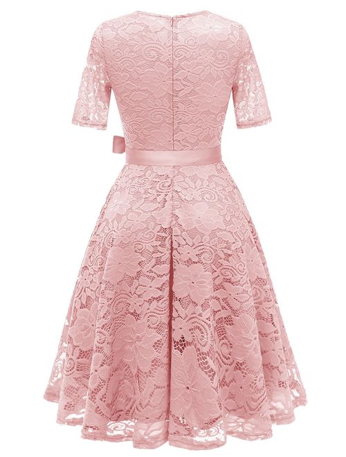 DRESSTELLS Short Scoop Bridesmaid Floral Lace Dress Cocktail Formal Swing Dress