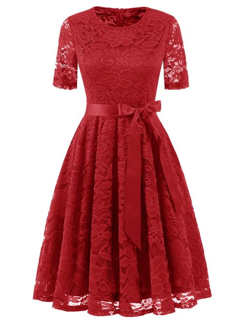 DRESSTELLS Short Scoop Bridesmaid Floral Lace Dress Cocktail Formal Swing Dress