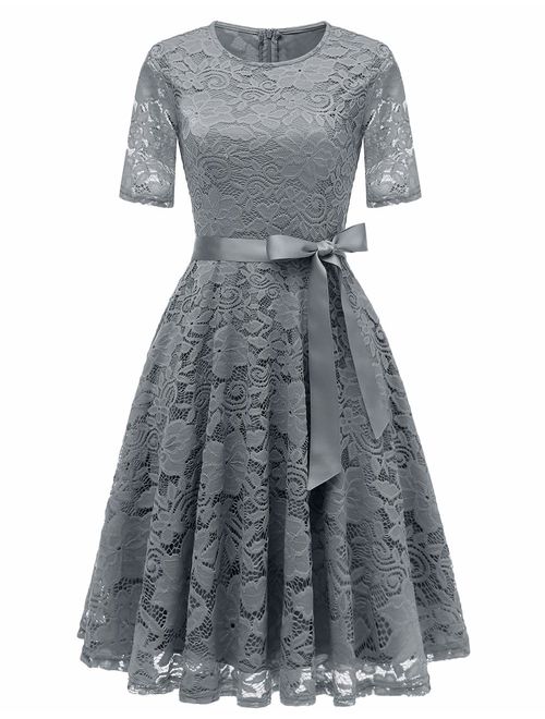 DRESSTELLS Short Scoop Bridesmaid Floral Lace Dress Cocktail Formal Swing Dress