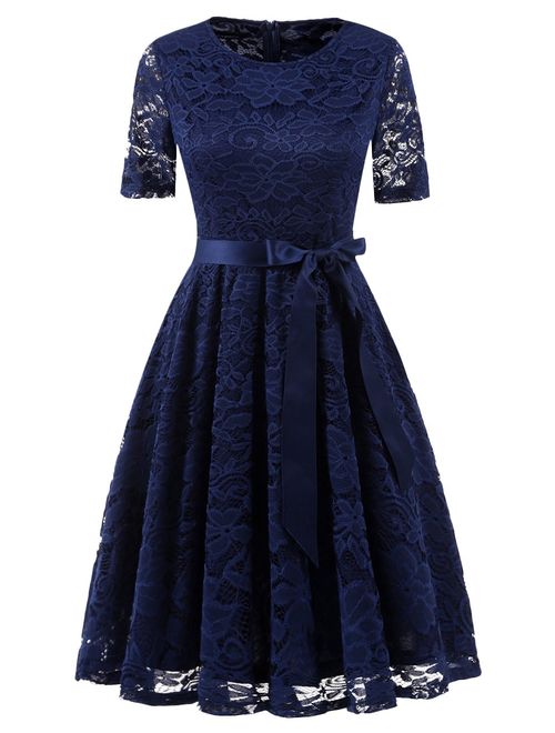 DRESSTELLS Short Scoop Bridesmaid Floral Lace Dress Cocktail Formal Swing Dress