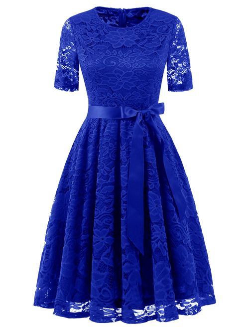 DRESSTELLS Short Scoop Bridesmaid Floral Lace Dress Cocktail Formal Swing Dress