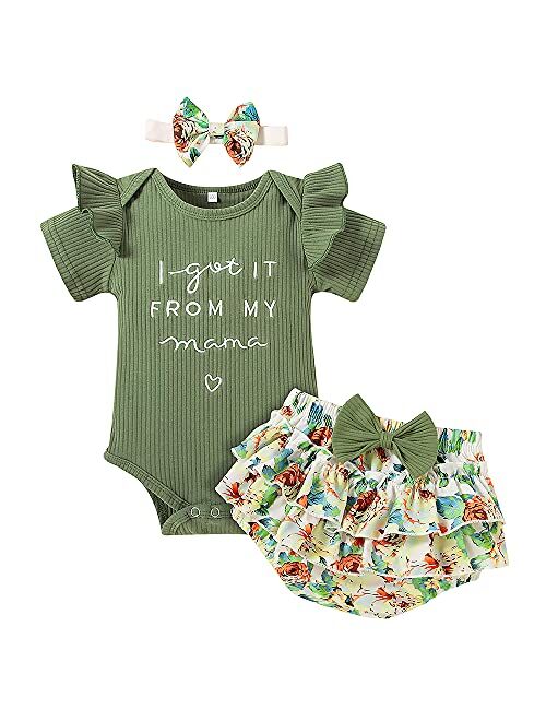 Honykids 3PCS Newborn Baby Girl Romper Jumpsuit Bodysuit +Pants Shorts+Headband Outfit Set