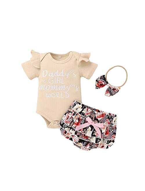 Honykids 3PCS Newborn Baby Girl Romper Jumpsuit Bodysuit +Pants Shorts+Headband Outfit Set