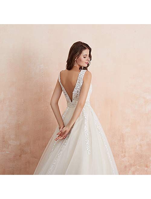 Abaowedding Women's Wedding Dress for Bride Lace Applique Evening Dress V Neck Straps Ball Gowns