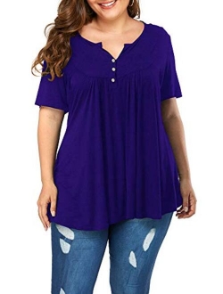 POSESHE Women's Plus Size Henley V Neck Button up Tunic Tops Casual Short Sleeve Blouse Shirts