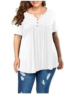 POSESHE Women's Plus Size Henley V Neck Button up Tunic Tops Casual Short Sleeve Blouse Shirts