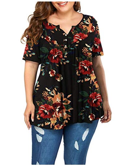 POSESHE Women's Plus Size Henley V Neck Button up Tunic Tops Casual Short Sleeve Blouse Shirts