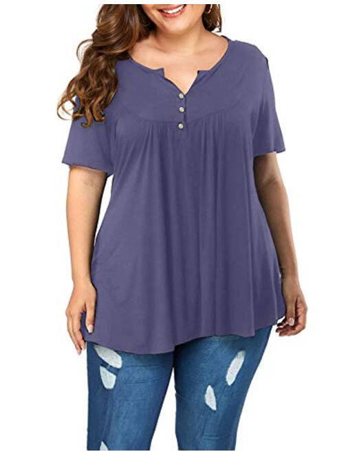 POSESHE Women's Plus Size Henley V Neck Button up Tunic Tops Casual Short Sleeve Blouse Shirts