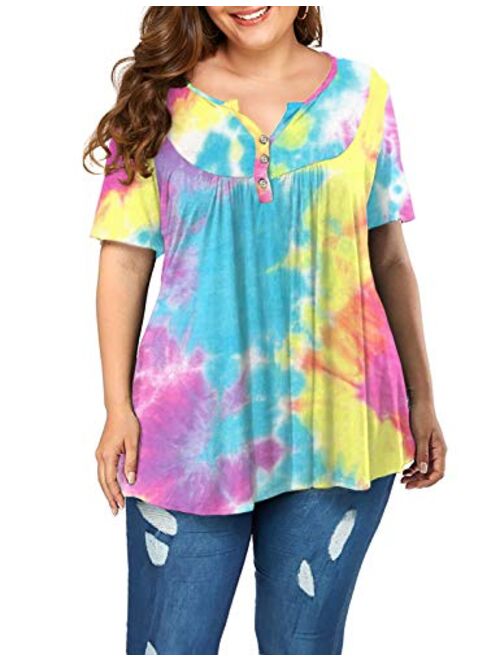 POSESHE Women's Plus Size Henley V Neck Button up Tunic Tops Casual Short Sleeve Blouse Shirts