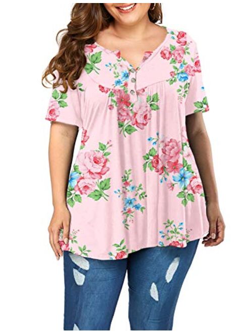 POSESHE Women's Plus Size Henley V Neck Button up Tunic Tops Casual Short Sleeve Blouse Shirts