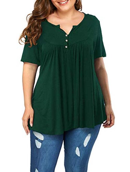 POSESHE Women's Plus Size Henley V Neck Button up Tunic Tops Casual Short Sleeve Blouse Shirts