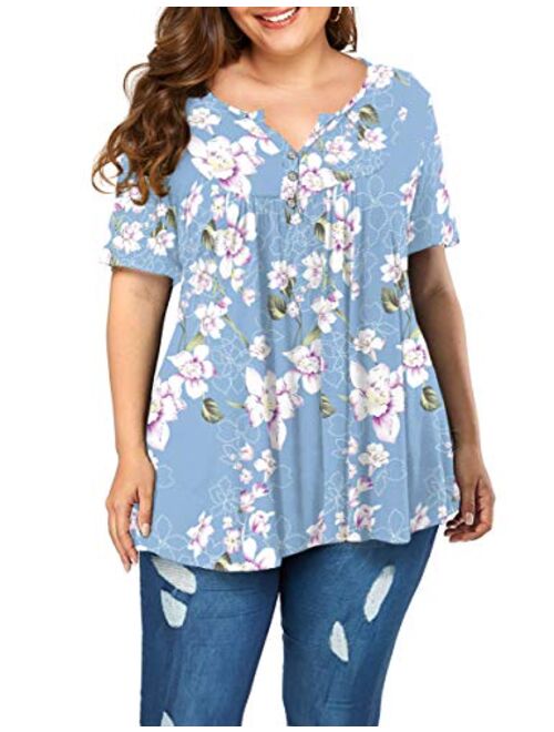 POSESHE Women's Plus Size Henley V Neck Button up Tunic Tops Casual Short Sleeve Blouse Shirts