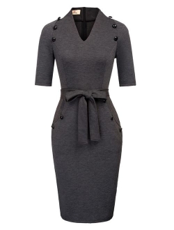 Women Vintage Short Sleeve Slim Fit Belted Business Pencil Dress