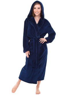 Womens Robe, Plush Fleece Hooded Bathrobe with Two Large Front Pockets