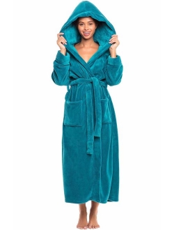 Womens Robe, Plush Fleece Hooded Bathrobe with Two Large Front Pockets