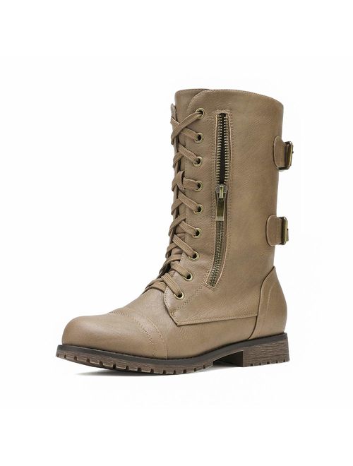 DREAM PAIRS Women's Lace up Mid Calf Military Combat Boots