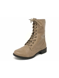 Link Womens Round Toe Military Lace up Knit Ankle Cuff Low Heel Combat Boots