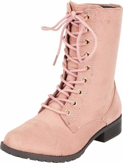 Link Womens Round Toe Military Lace up Knit Ankle Cuff Low Heel Combat Boots