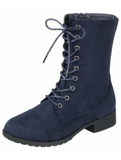 Link Womens Round Toe Military Lace up Knit Ankle Cuff Low Heel Combat Boots